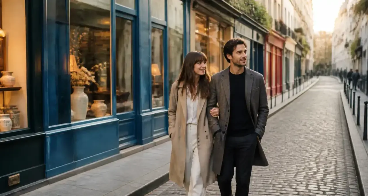 Un couple se promène dans les rues du Marais à Paris