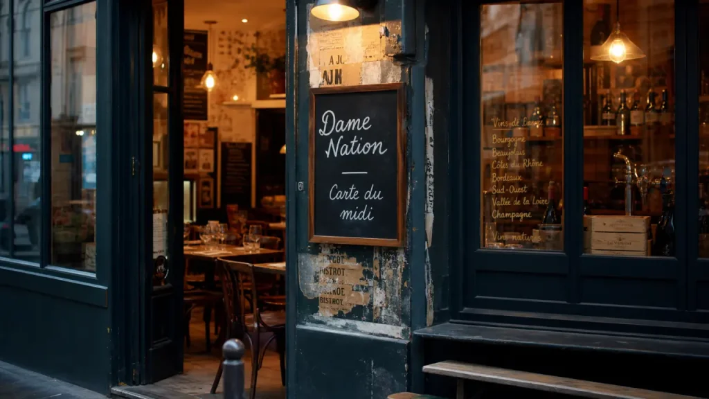Dame Nation Paris : restaurant et bistro-cave, salle vitrée, ardoise carte du midi