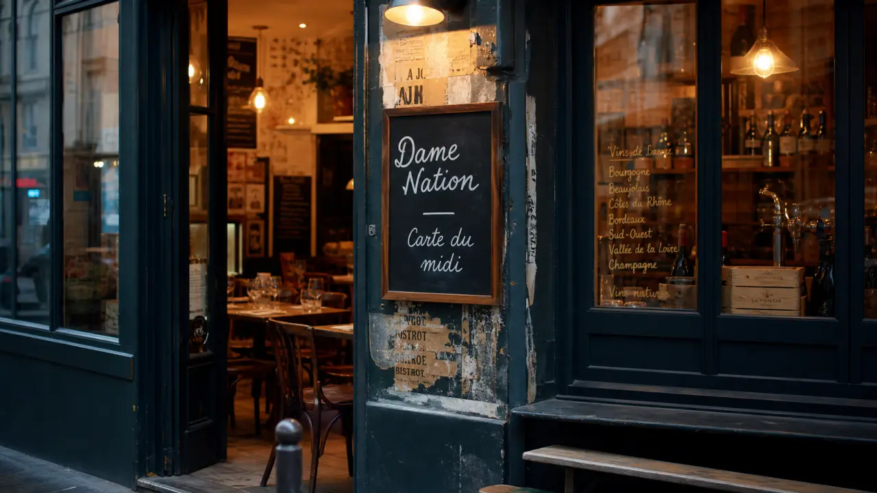 Dame Nation Paris : restaurant et bistro-cave, salle vitrée, ardoise carte du midi