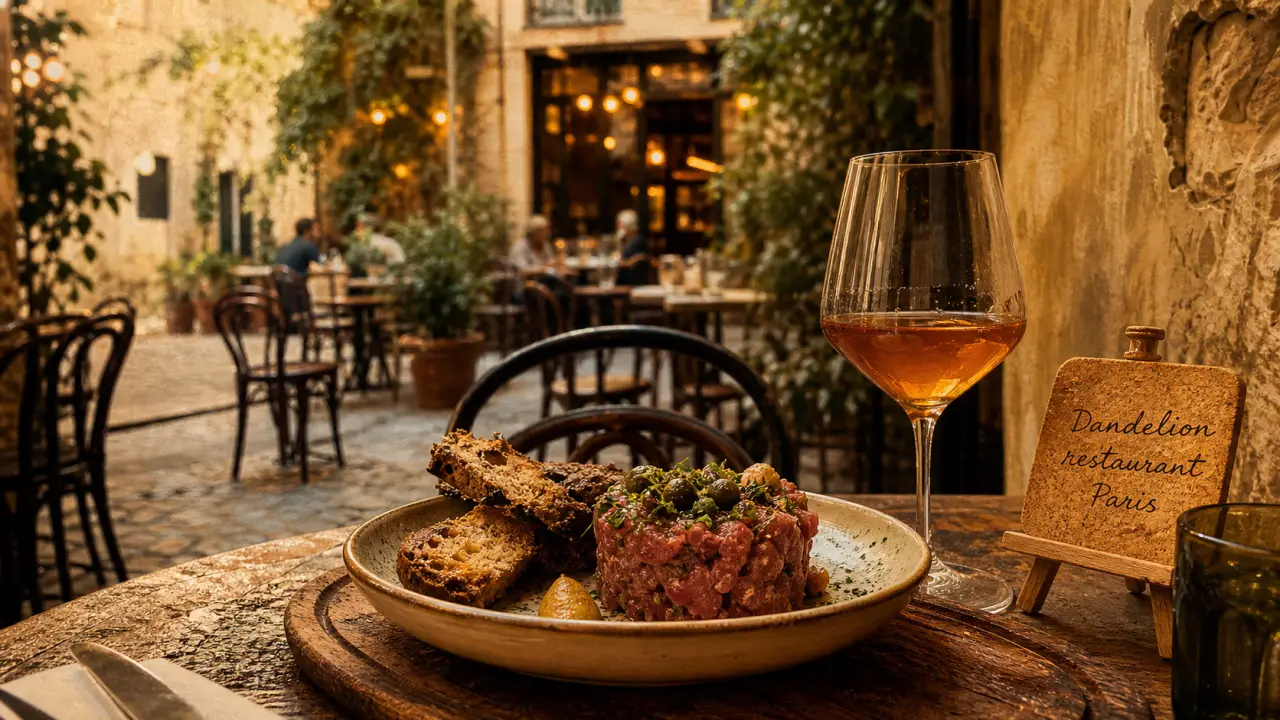 dandelion restaurant paris : tartare de bœuf et vin naturel sur plateau en bois