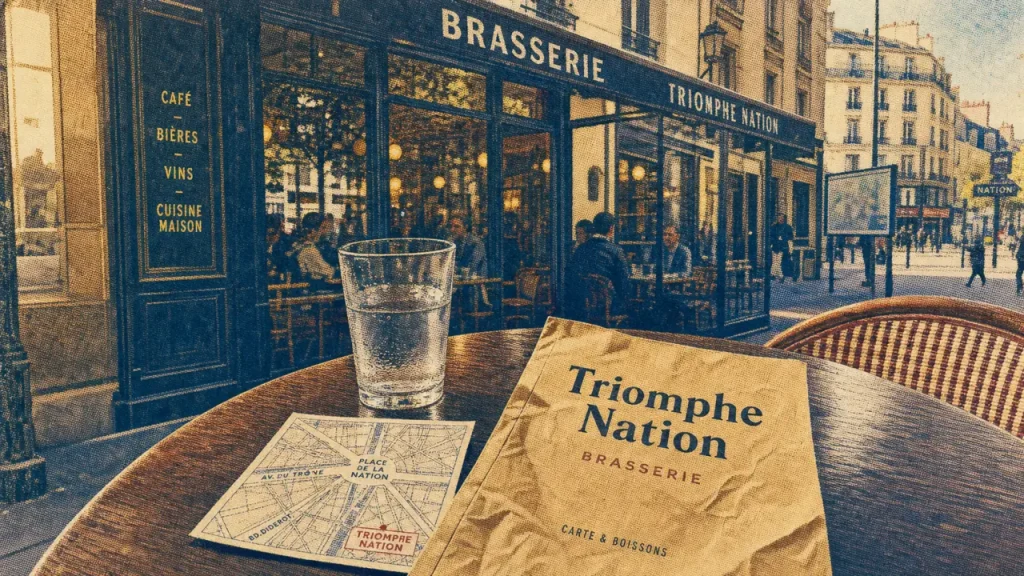 Le triomphe nation, brasserie à la Place de la Nation, vitrine et menu