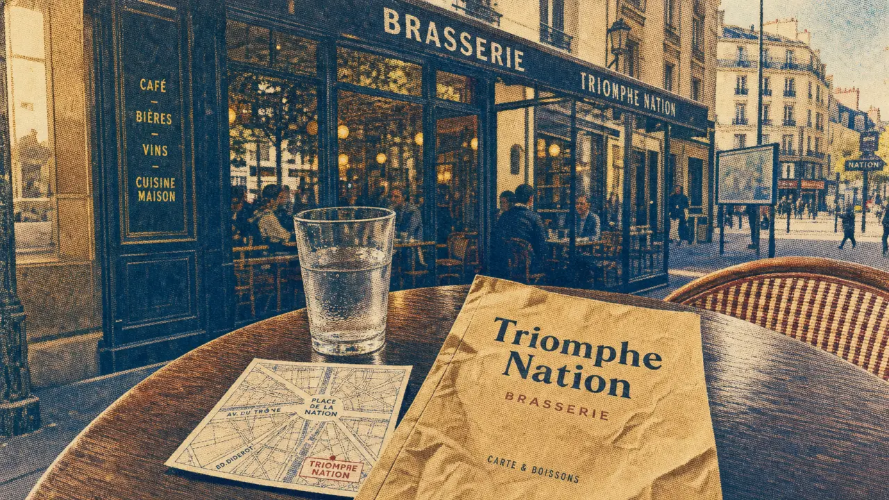 Le triomphe nation, brasserie à la Place de la Nation, vitrine et menu