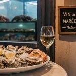Vins et marée nation : plateau fruits de mer avec vin blanc