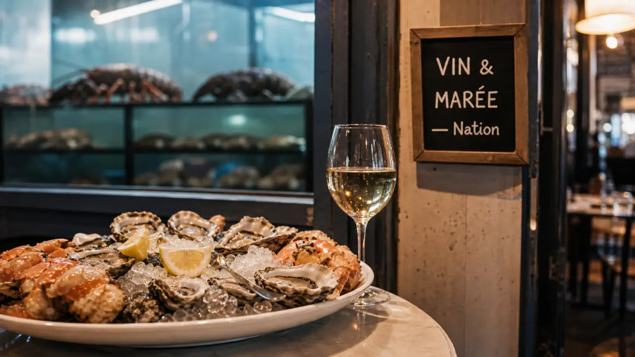 Vins et marée nation : plateau fruits de mer avec vin blanc