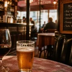 Bistrot nation, verre de vin rouge et bière artisanale sur une table