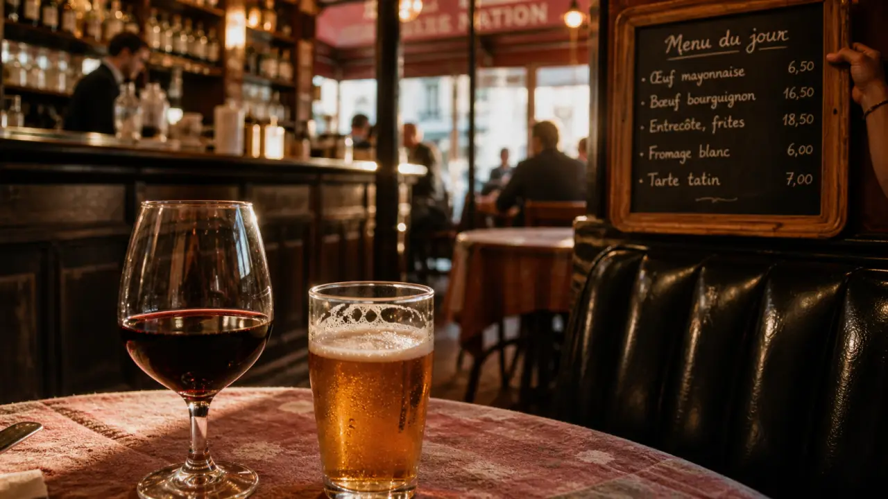 Bistrot nation, verre de vin rouge et bière artisanale sur une table