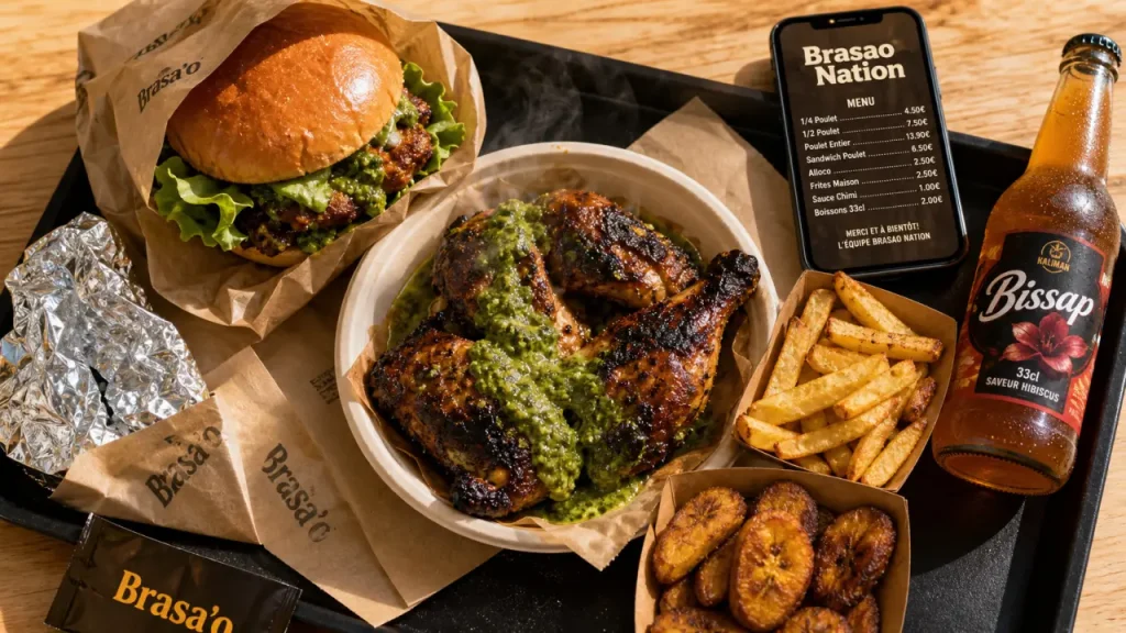 Brasao nation : poulet braisé fumant avec frites et sauce, horaires et livraison