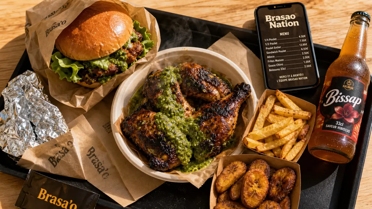 Brasao nation : poulet braisé fumant avec frites et sauce, horaires et livraison