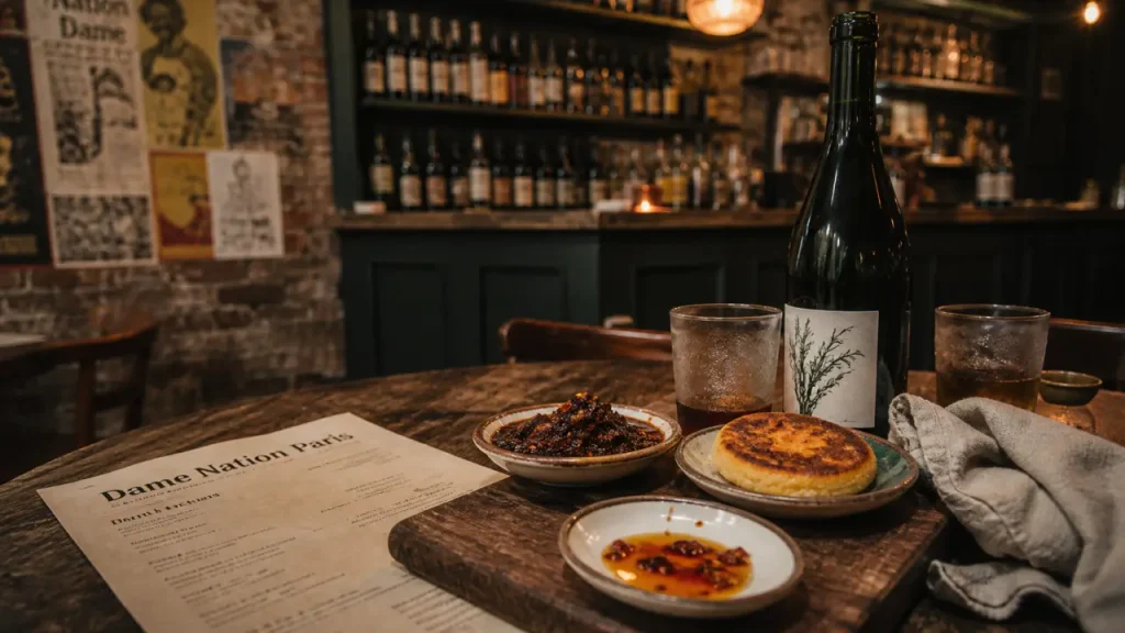 Dame Nation Paris : cuisine du marché et vins natures, bouteille et assiettes