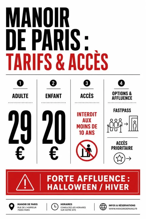 Prix le manoir de paris : tarifs adulte, enfant, FastPass et restrictions d’accès