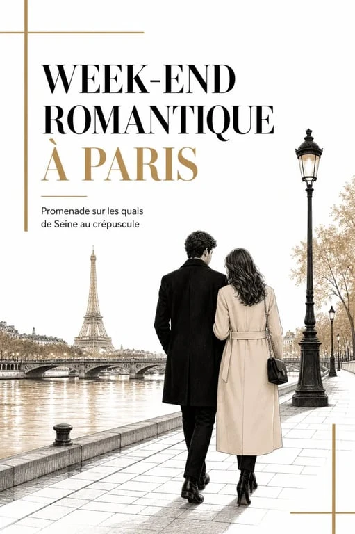 Week end en amoureux sur Paris : couple sur les quais de Seine avec la Tour Eiffel au coucher du soleil