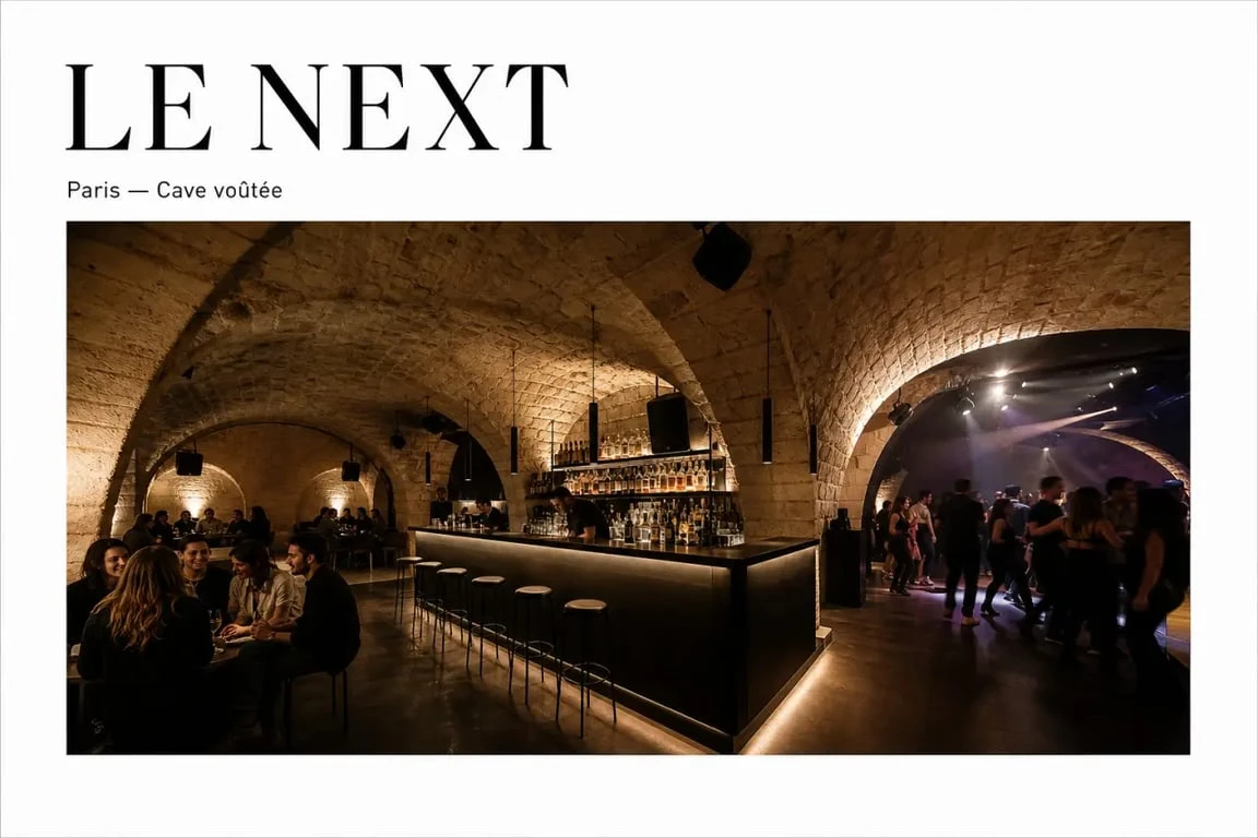 Le Next night bar Paris, intérieur voûté et ambiance festive à Paris