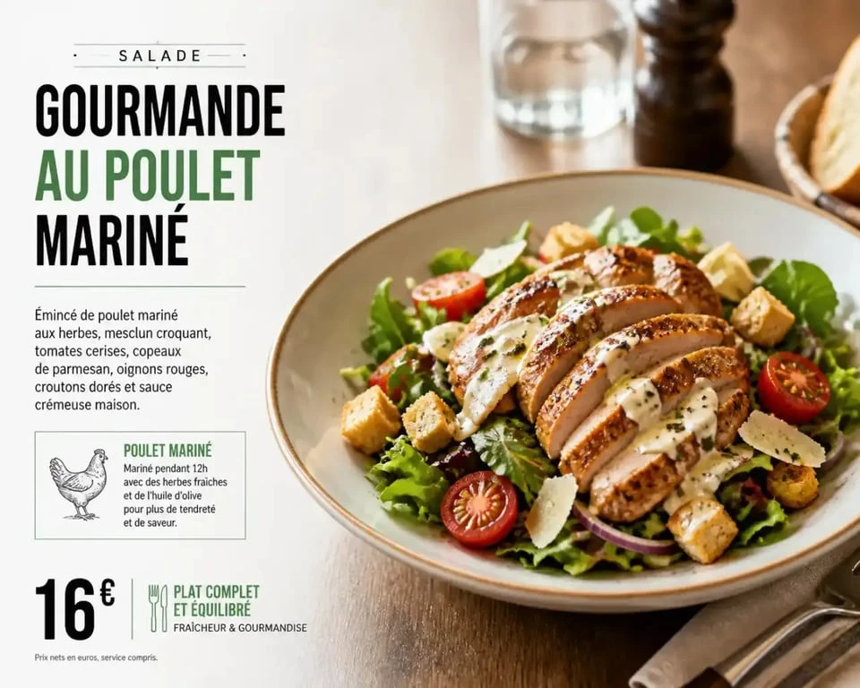 Salade gourmande au poulet mariné servie au restaurant A Bout de Souffle Paris 14