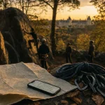 Fontainebleau activités : forêt au golden hour, randonneurs et carte sur banc