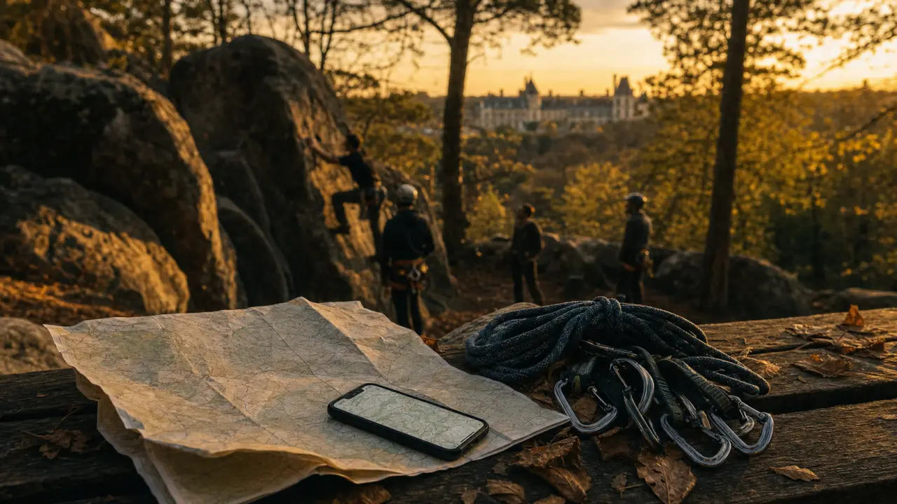 Fontainebleau activités : forêt au golden hour, randonneurs et carte sur banc