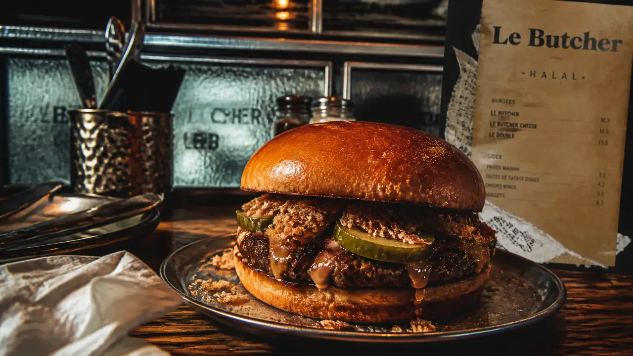 Le butcher paris 8 restaurant de burger halal : smash burger, pickles, sauce.
