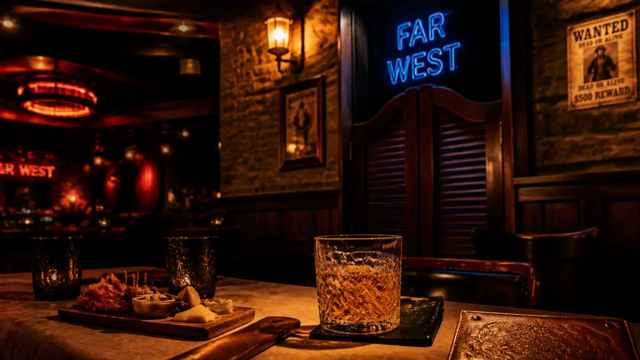 le saloon far west bar paris 11 : entrée western, lumière ambre et enseigne FAR WEST