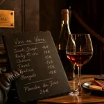 Pépins restaurant bar à vin paris, verre rouge et ardoise sur fond velours