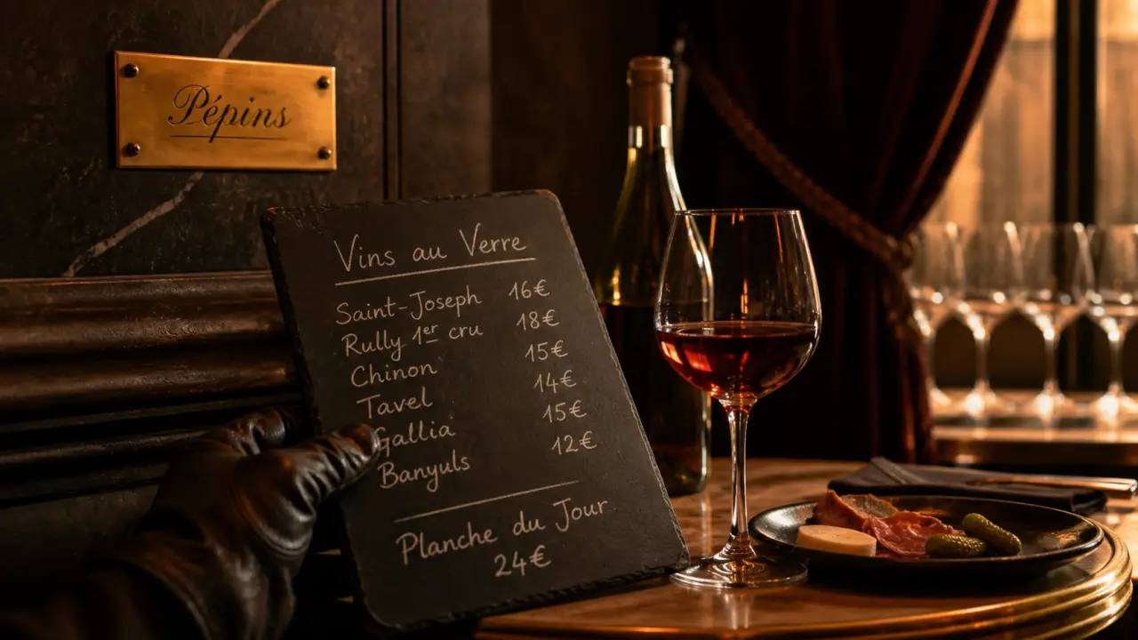 Pépins restaurant bar à vin paris, verre rouge et ardoise sur fond velours
