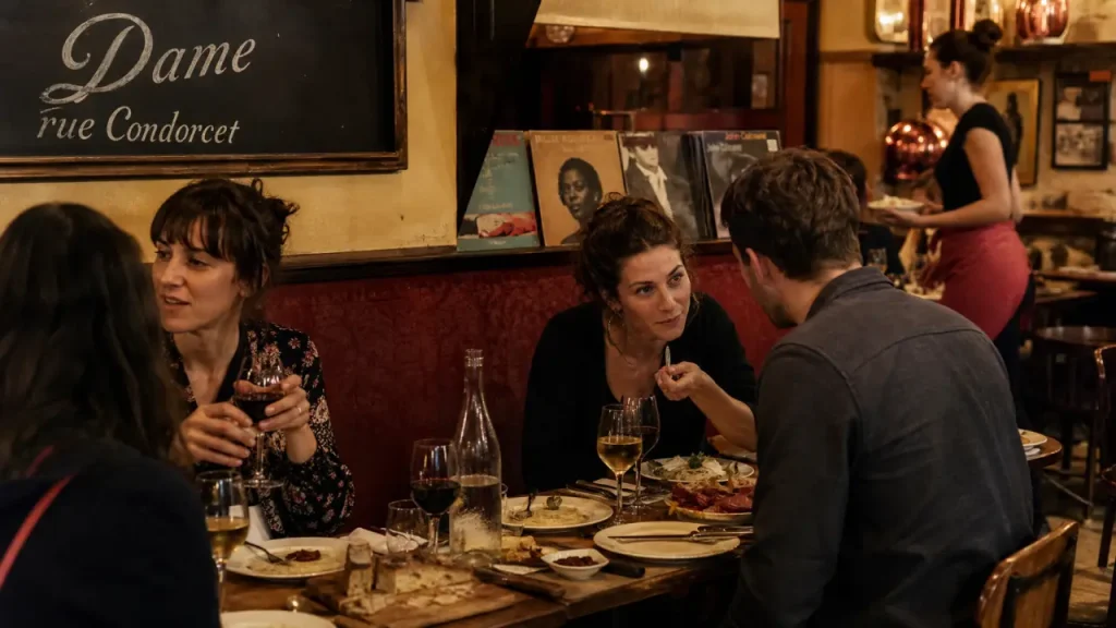 Restaurant dame rue Condorcet : table de bistrot, verres de vin