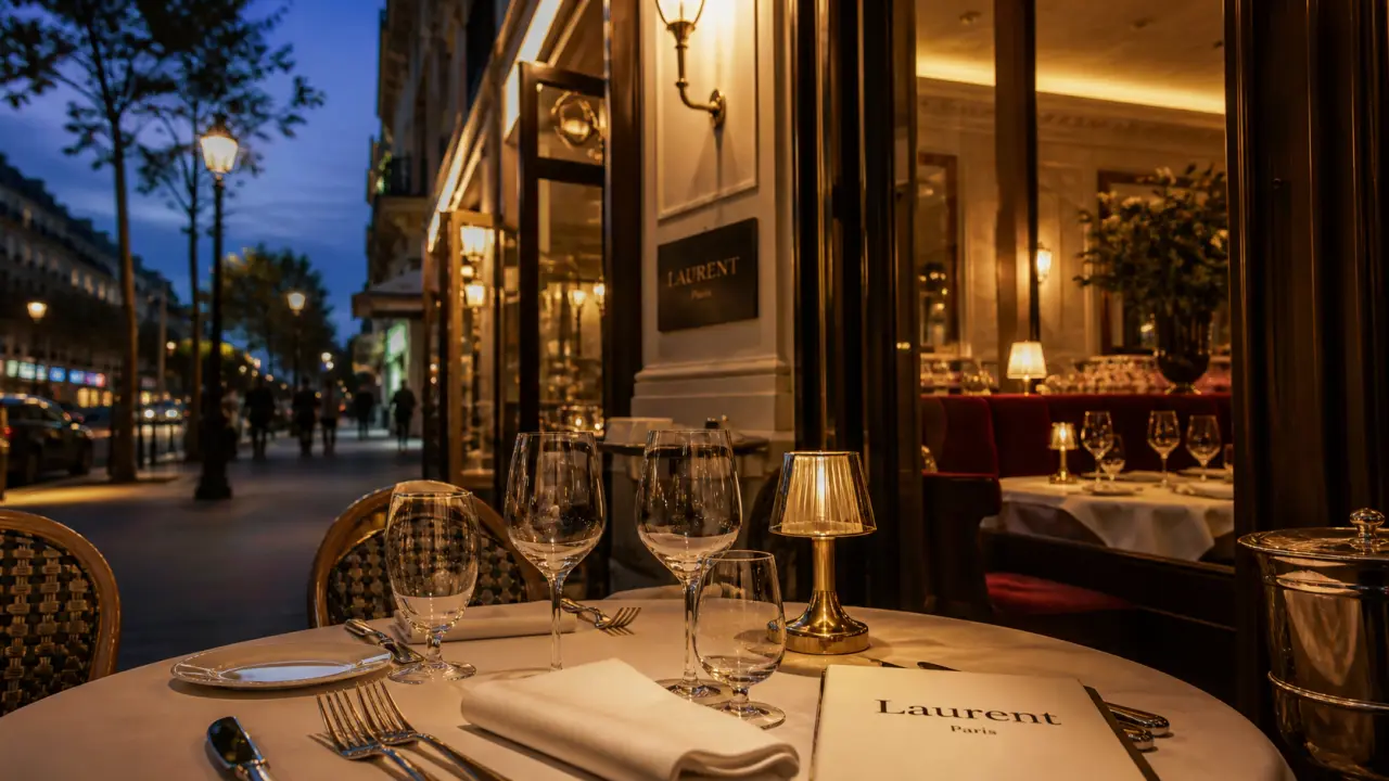 Restaurant laurent paris aux Champs-Élysées : table dressée et façade élégante