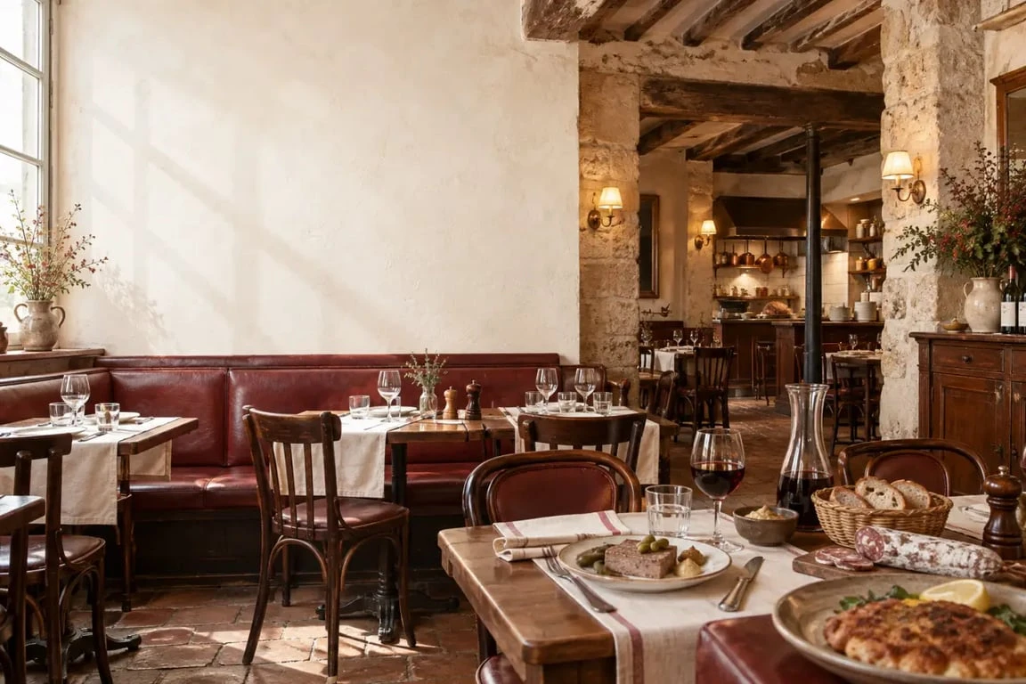Ambiance chaleureuse du Machon restaurant Paris dans un petit bistrot aux murs anciens