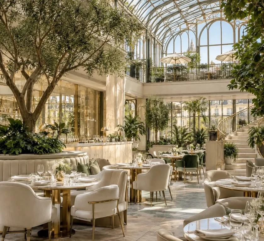 Le Jardin RH, restaurant RH Paris sous une grande verrière lumineuse