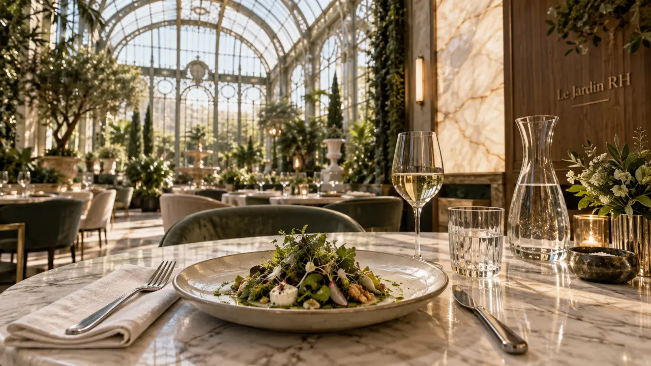 RH Paris restaurant Le Jardin RH, intérieur élégant et lumineux