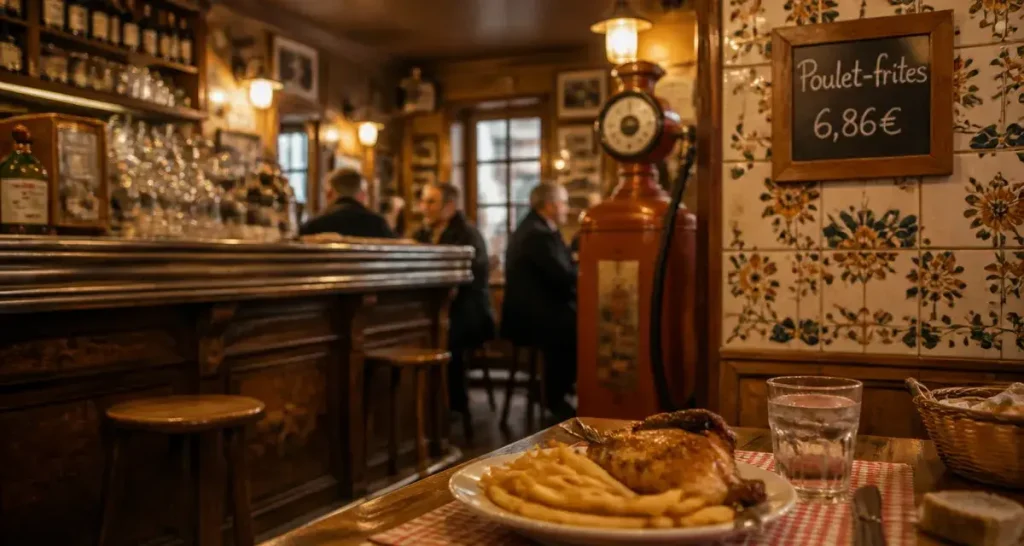 Intérieur le bar fleuri rue du plateau paris, poulet-frites 6,86 €