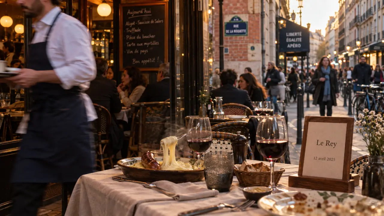 Le Rey restaurant paris 11 : aligot et saucisse de Salers en terrasse