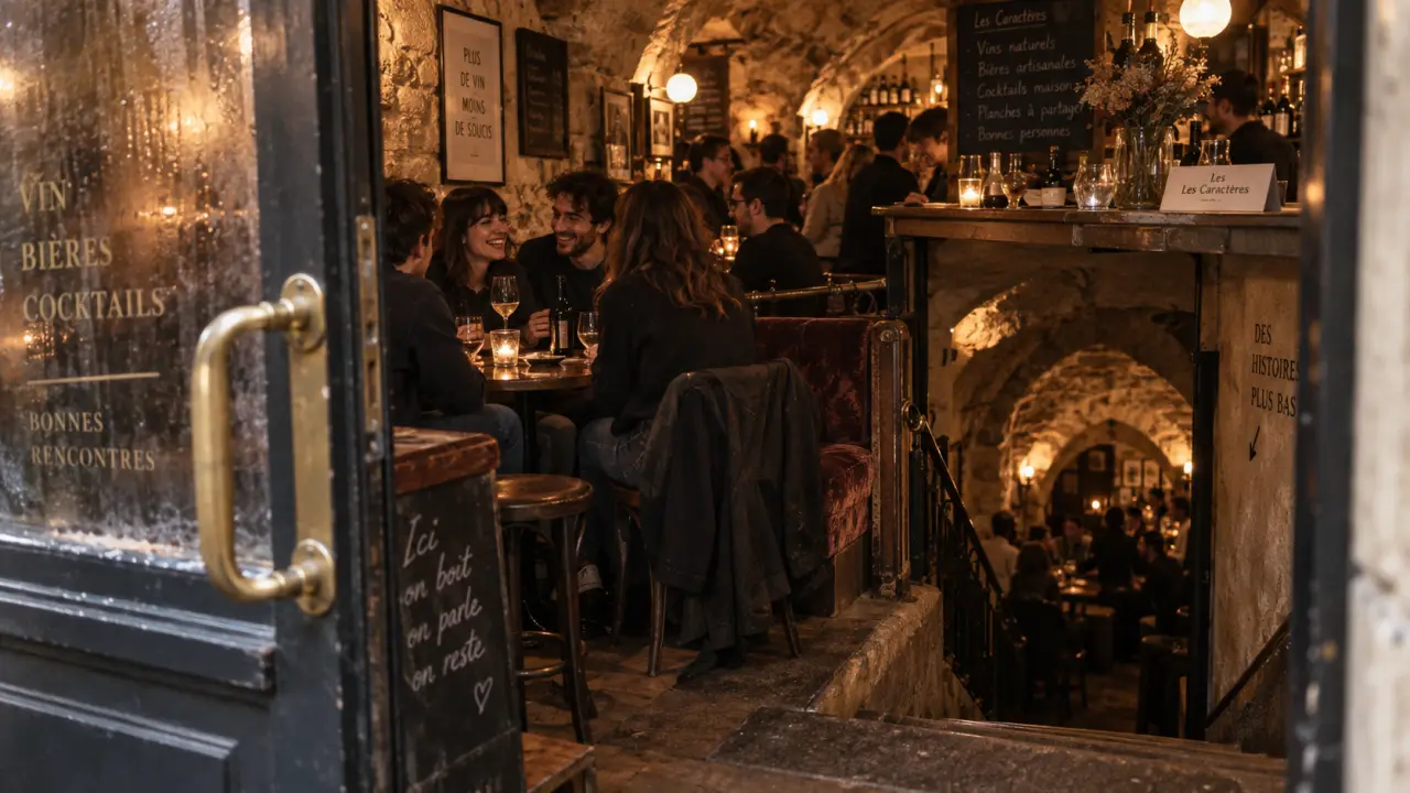 Les caractères bar paris : entrée et caves voûtées, vue depuis la rue