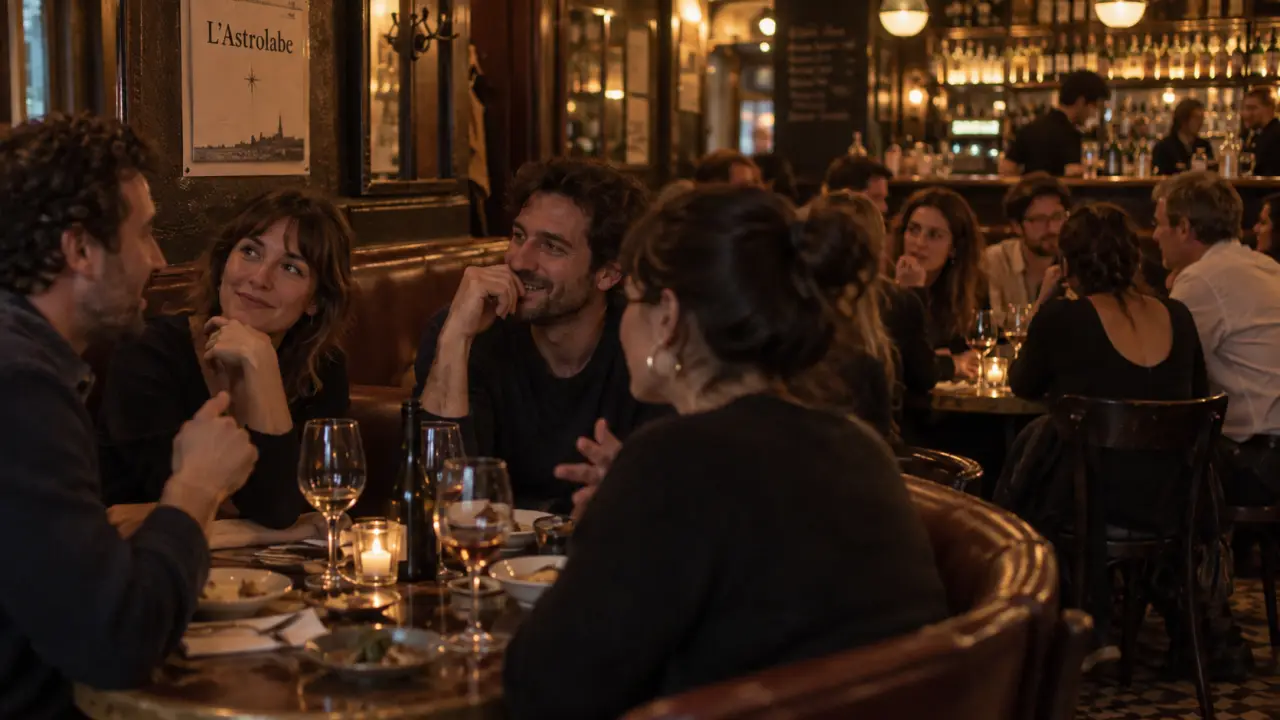 l'astrolabe - bar paris 15 : groupe d’amis dans un bar parisien, verres et banquettes