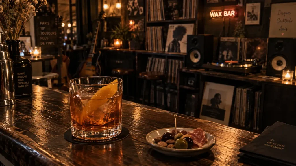 Wax Bar Paris : cocktail japonais ambré au bar, ambiance sonore