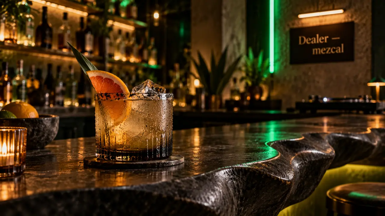 Dealer bar Paris : verre de mezcal fumé, néon vert