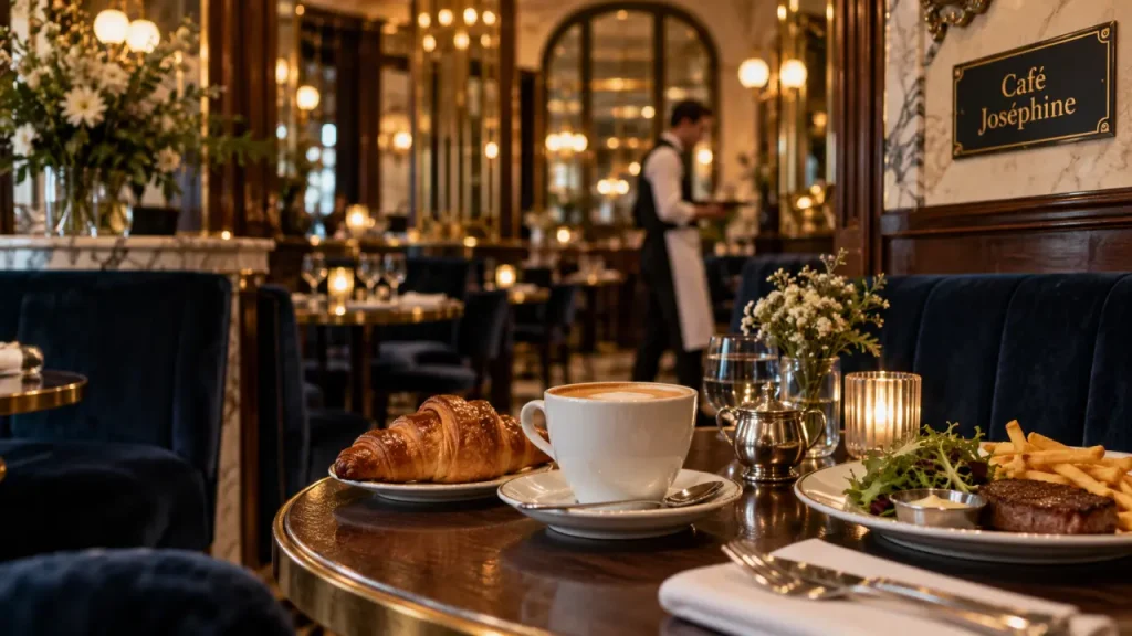 Restaurant café Joséphine Paris 1 : intérieur brasserie parisienne, café et croissant